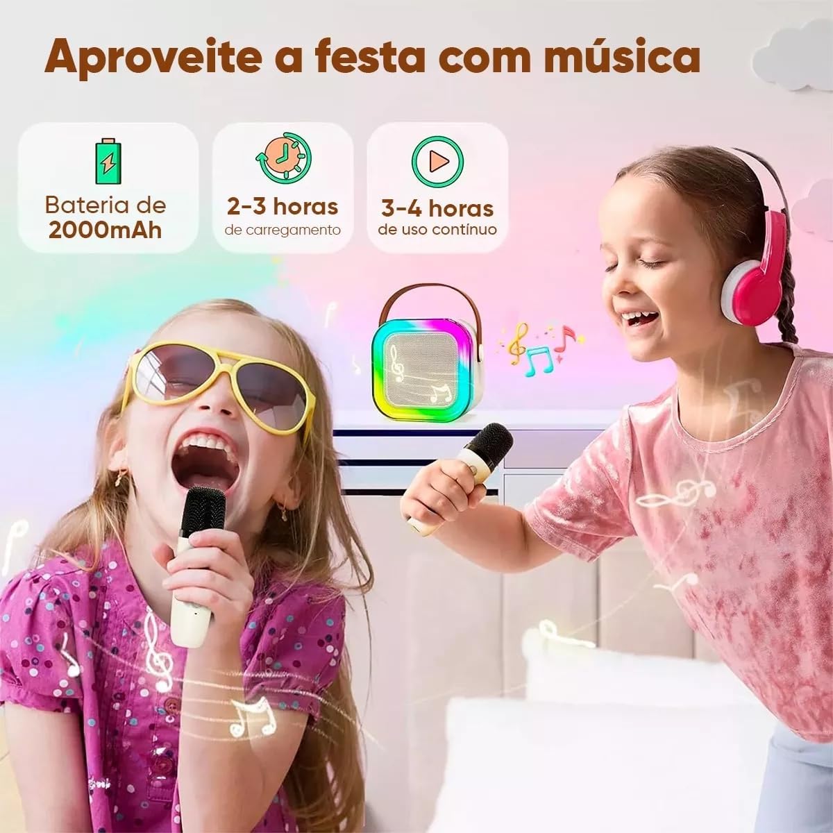 Karaoke Infantil Portátil com 2 Microfones Recarregável e Modos de Voz Divertidos - Diversão Musical para Crianças!