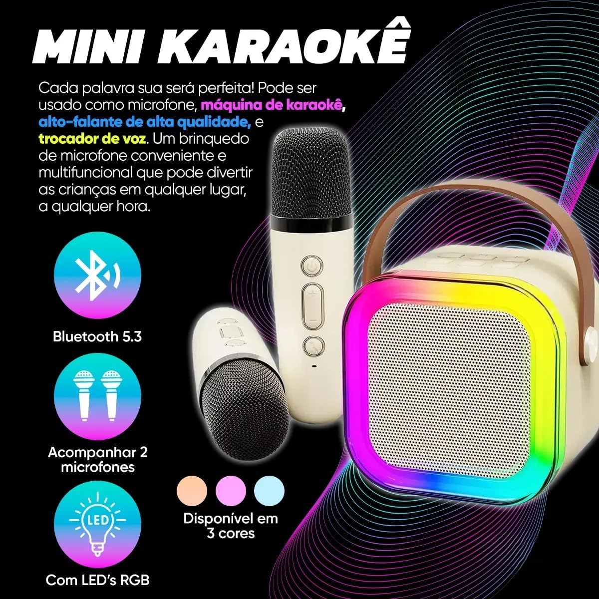 Karaoke Infantil Portátil com 2 Microfones Recarregável e Modos de Voz Divertidos - Diversão Musical para Crianças!